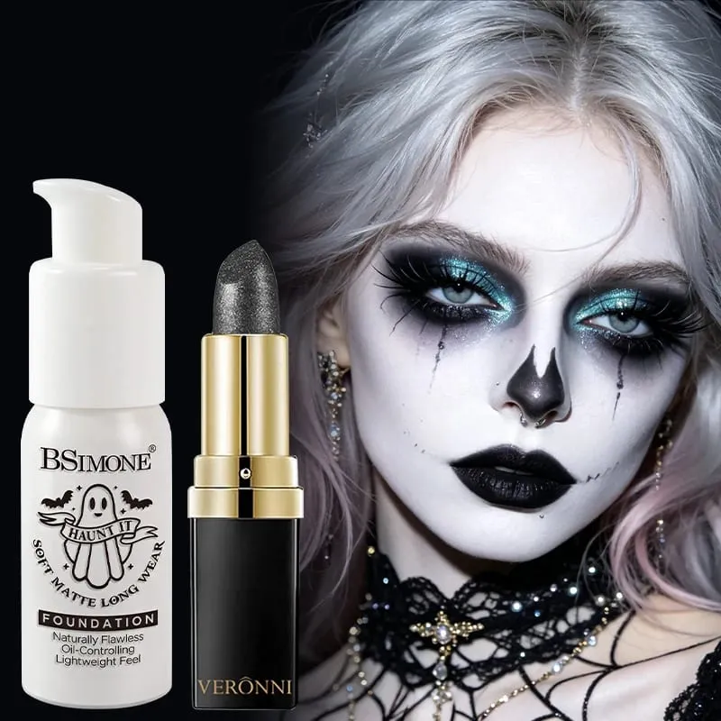 2pcs Set Black Diamond Glitter Lipstick & White Foundation Halloween Cos Stage Creative Makeup Kit For Face & Lip — image 2