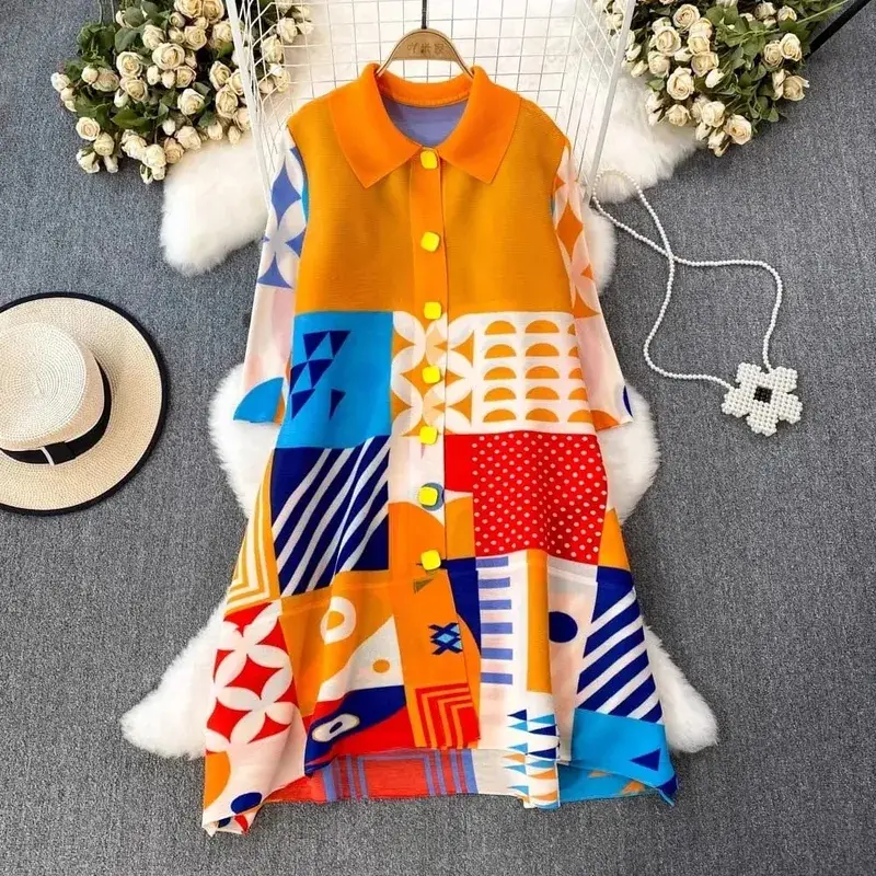Miyake Pleated Drape Dress Women 2024 Jaro Léto Colorblock Potisk Klopa 3/4 rukáv Jednořadé módní košilové šaty — image 5