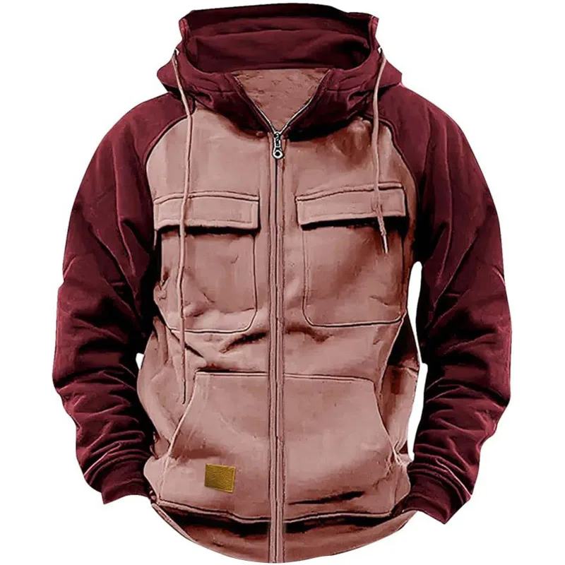 Autumn Winter Hoodies Men Zipper Patchwork Warm Fleece Sweatshirts Multi Pockets Male Fashion Hooded Jacket Thick Outdoor Hoodie — image 5