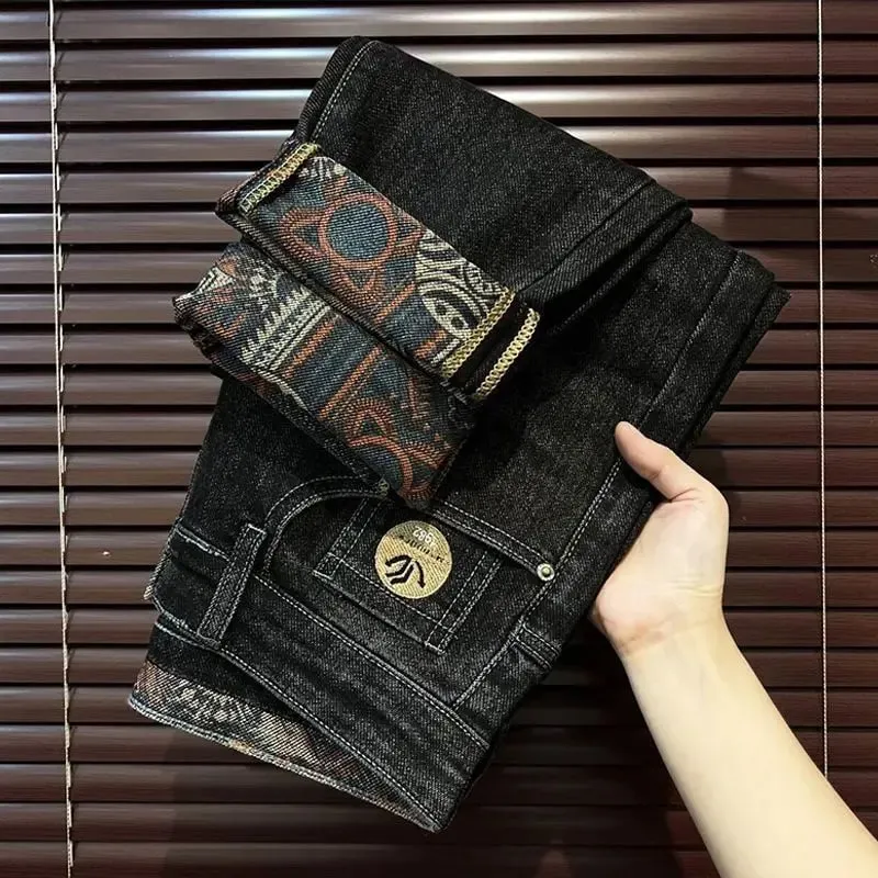 Men's Pants Spring and Summer Embroidery Printing Luxury Elastic Slim Straight Pants Trendy Pants Black Men's Jeans for Men