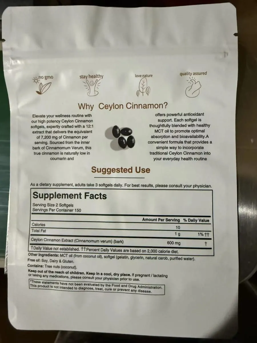 300ks ceylonských skořicových měkkých gelů Pure Ingredients Doplněk stravy pro vyváženou výživu Podpora imunity Snadné trávení