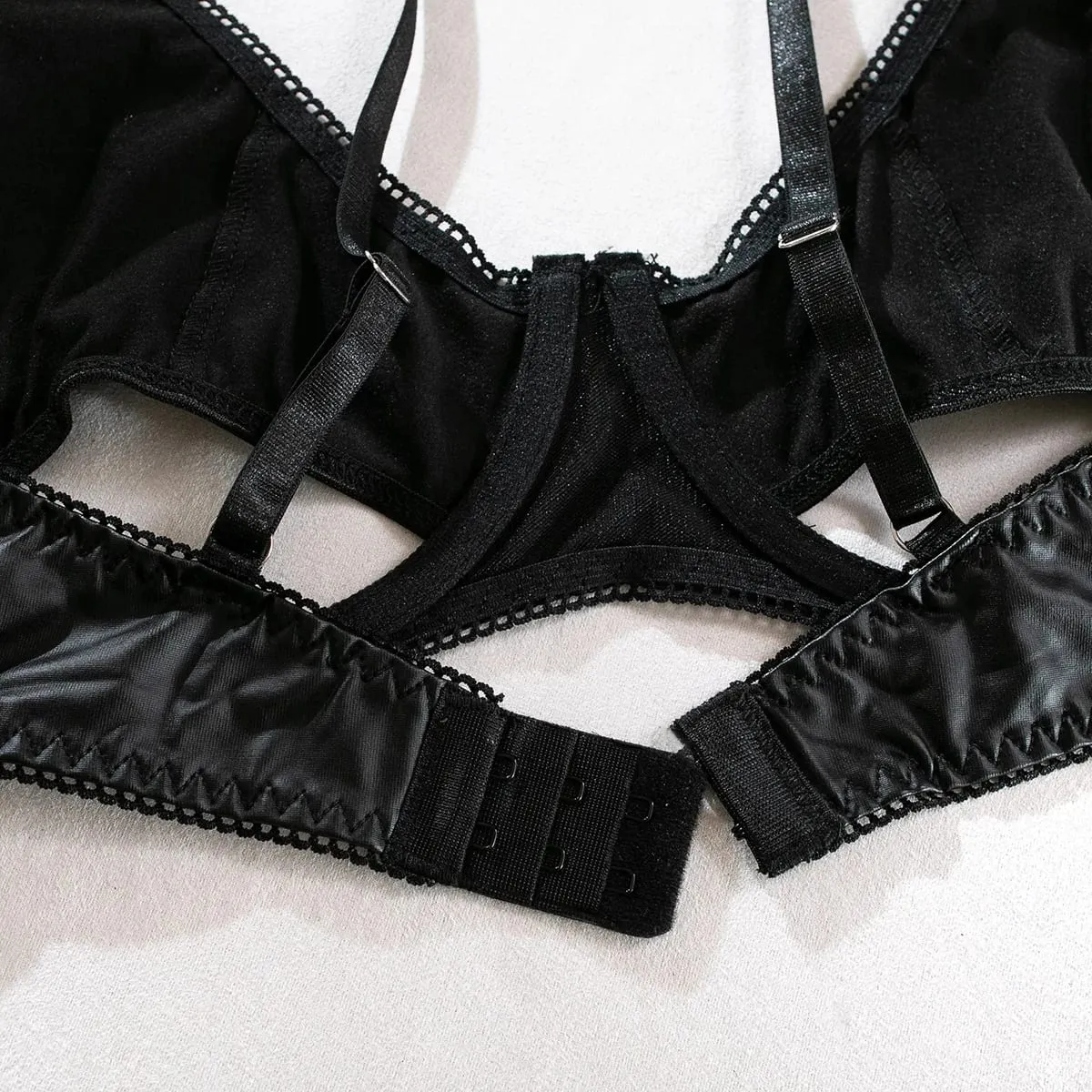 Sexy Hollow Out Leather Lingerie Set Women's Solid Simple Three Piece Underwear Set Female Sujetadores Transparente Para Mujeres — image 4