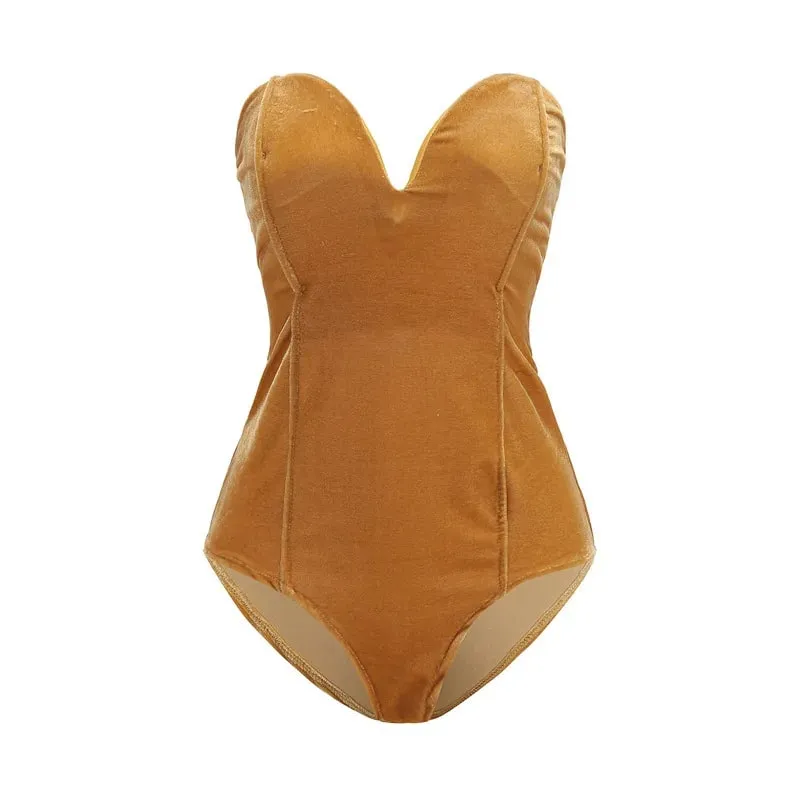 CM.YAYA Vintage Women Velvet Strapless Sleeveless Bodycon Bodysuits 2025 Spring Basic Sexy Party Evening Club Tops One Piece — image 6