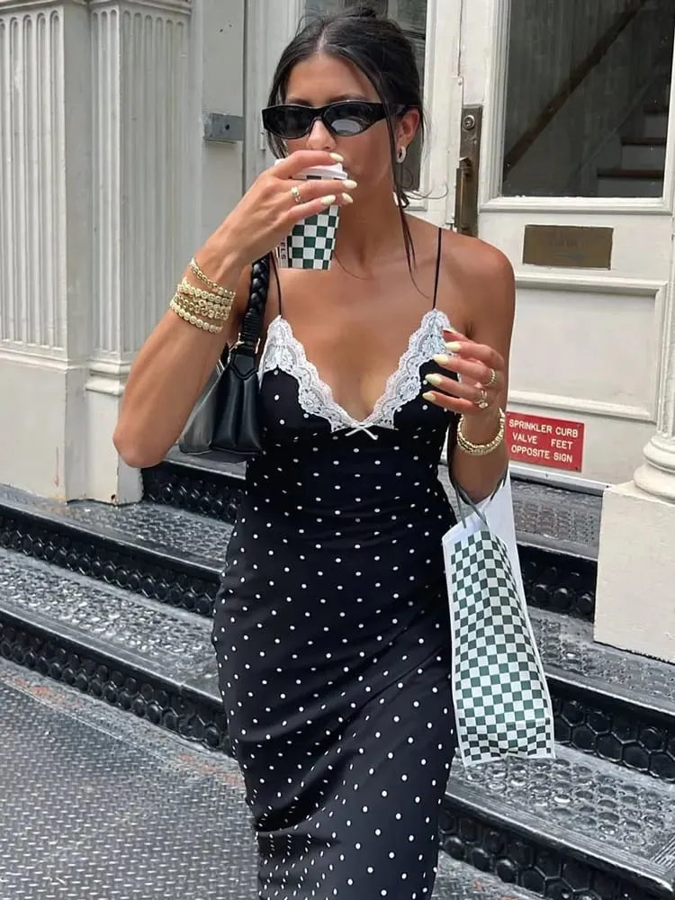 Tossy Lace V-Neck Patchwork Maxi Dress Women Backless High Waist Slim Spaghetti Contrast Party Dress Female Spring Long Dress — image 5