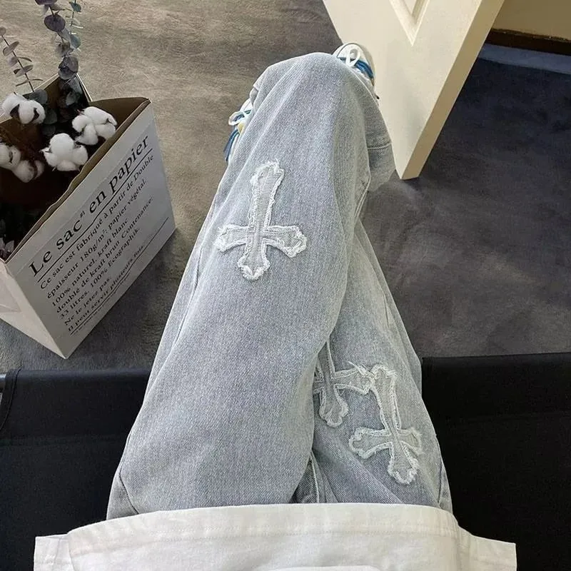Vintage Men's Straight Jeans Cross Embroidery Casual Jeans Denim Loose Hip Hop Four Seasons Fashion Streetwear Pants Black Blue