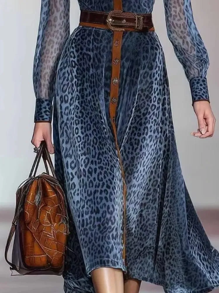 Dámské elegantní šaty Síťované šaty s leopardím potiskem Colorblock Klopový límec Jednořadové Vintage elegantní šaty s dlouhým rukávem — image 2