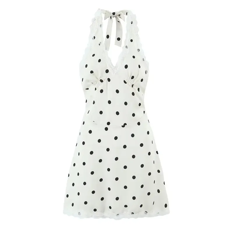 Lace Spliced Polka Dot Halter Dress Women Elegant A-line Mini Sexy Backless Dresses Summer Robe 2025