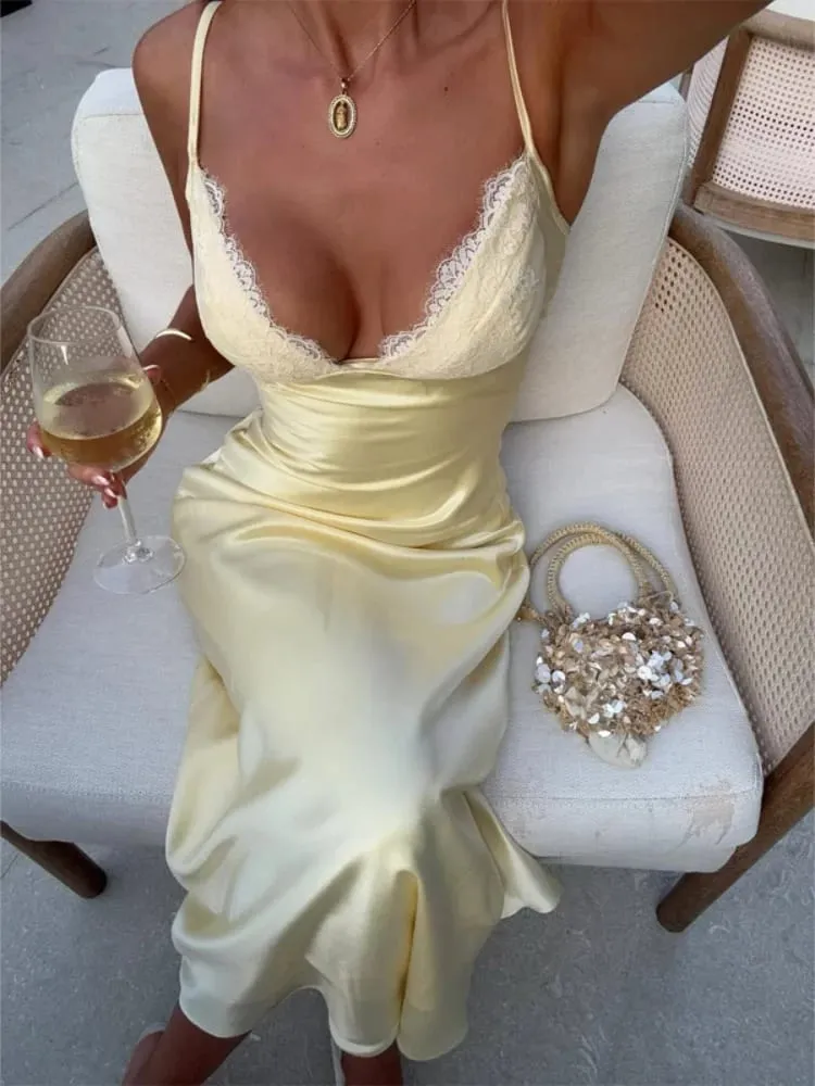 Vestido sexi de satén amarillo con encaje y retales, vestido femenino con tirantes finos, sin mangas, cuello en V, corte al bies, bata de fiesta nocturna de verano 2026 — image 4