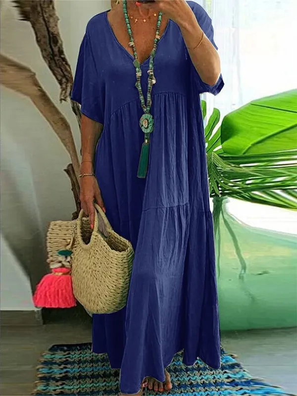 plus Size Women's Casual Loose V-Neck Solid Long Dress Spring Summer Pleated Big Size Women's Dress — image 5