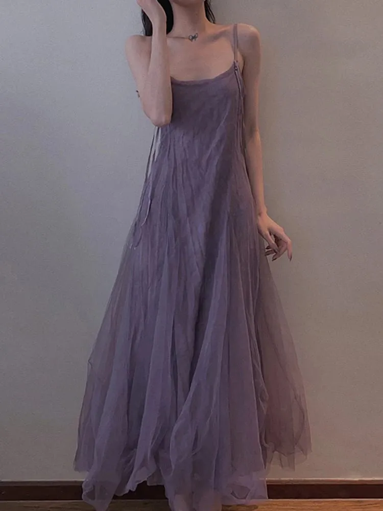 Slimming Effect Purple Mesh Ankle-Length Dress with Strap for plus Size Women Conceals Belly A-Line Gown Korean Style Commute... — image 2