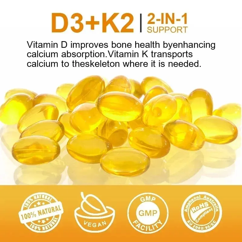 Vitamin D3 5000IU and 200 Mcg Vitamin K2 (MK-7) Capsules for Calcium Absorption Bone Regeneration Immune Support Easy To Melt