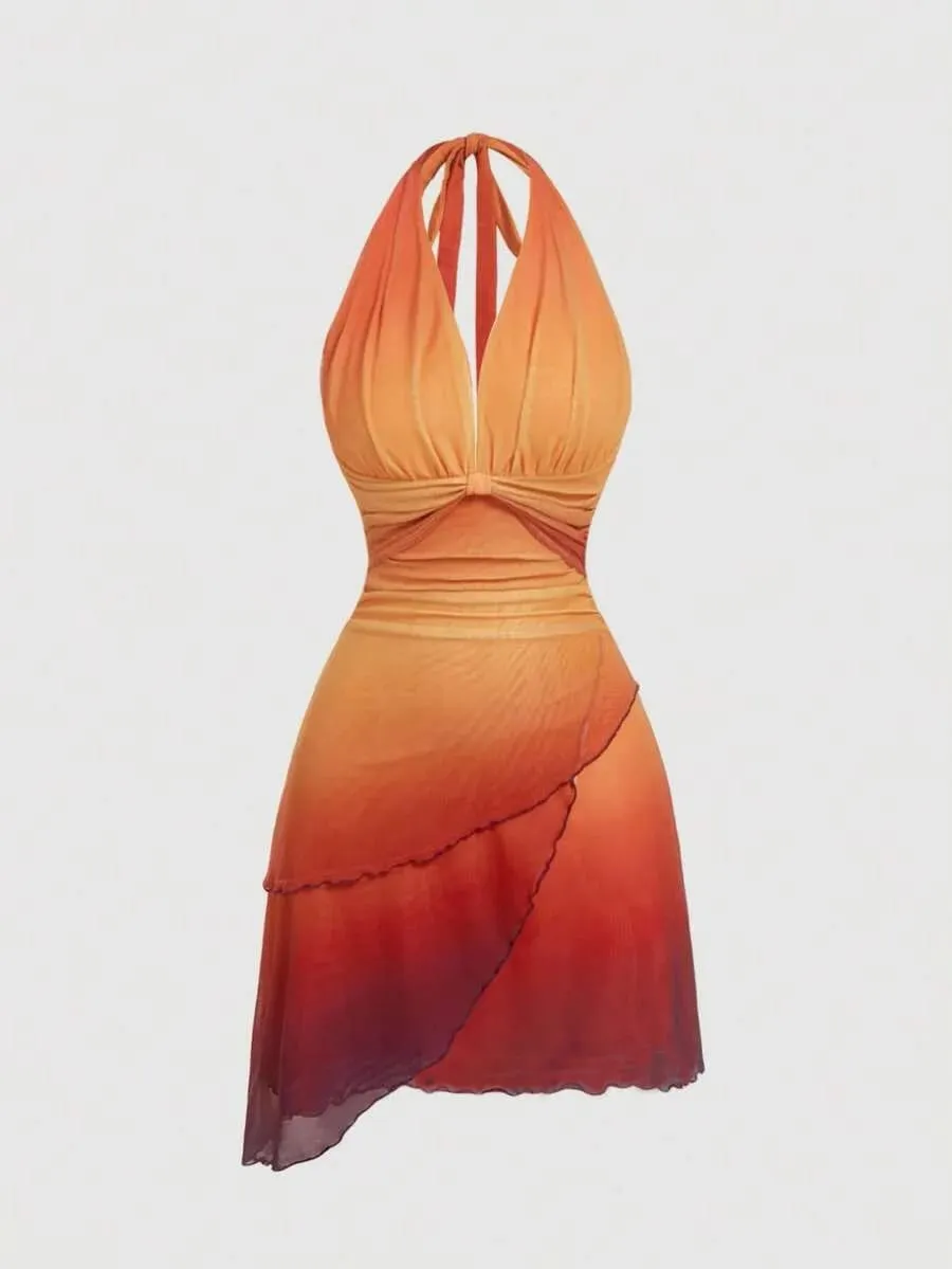 Vestido de alça espaguete assimétrico com gravata borboleta gradiente — image 2