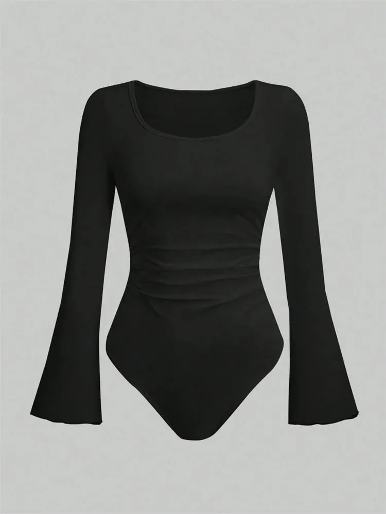 Women's Solid Color Ruffle Hem Flare Long Sleeve Bodysuit Autumn Winter 2024 Round Neck Plain Ruched Slim Fit Romper Top
