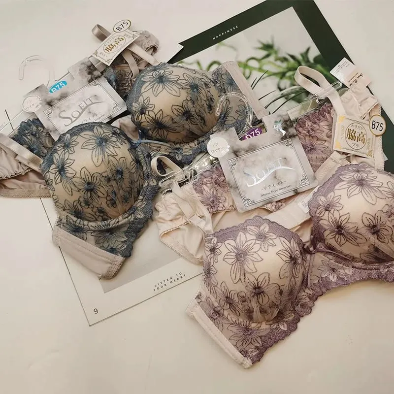 New gathering support lace bra set luxury models embroidery skin-friendly lingerie breif suit comfortable wirefree underwear — image 4