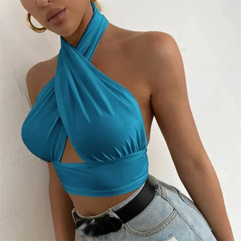 y2k Halter Top Women Summer Clothes Solid Color Sleeveless Backless Vest T Shirt 2000s Aesthetic Clothing Streetwear — image 5