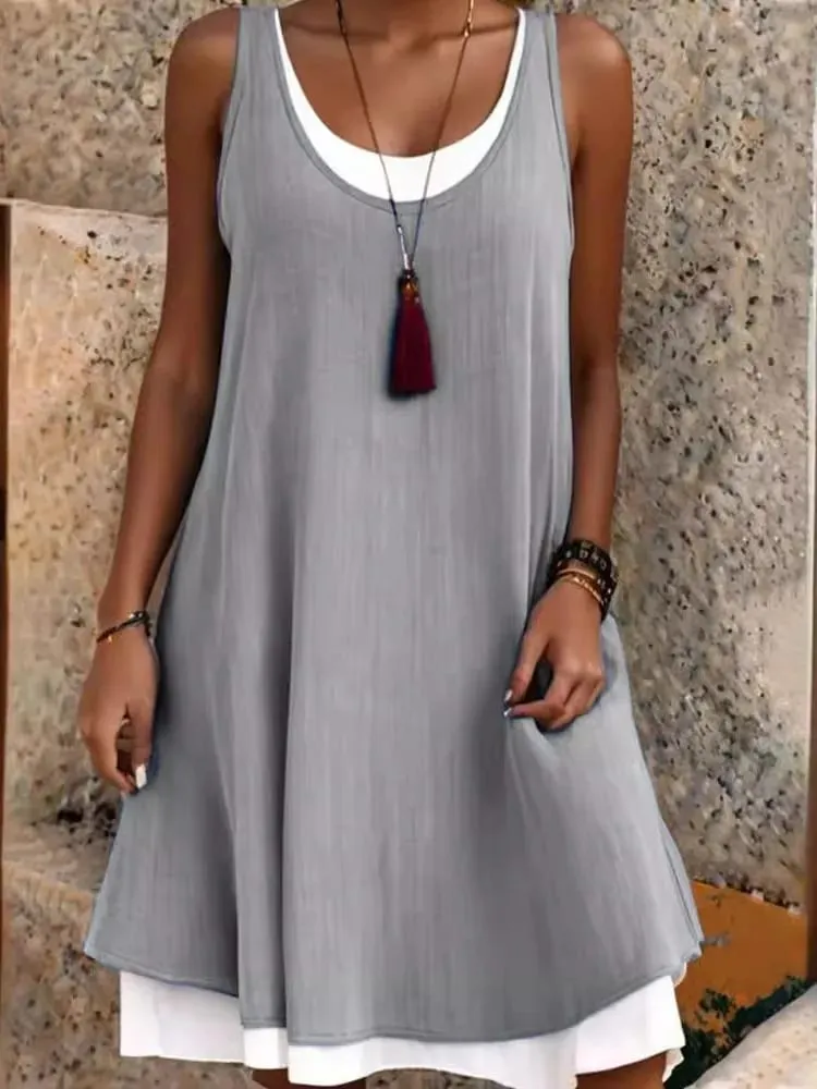 Women's Solid Dress Fashion O Neck Pullover Sleeveless Fake Two Piece Loose Beach Dresses For Women Summmer New Womens Clothing — image 2