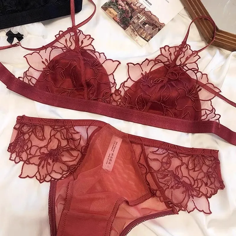 MOYISU – Bralette en dentelle brodée française, soutien-gorge Triangle sans fil pour femmes, ensemble de sous-vêtements élégants, bretelles fines, petite couverture de poitrine — image 9
