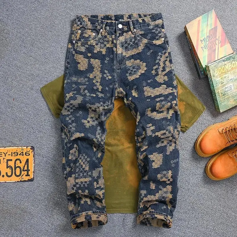 Mosaic Jacquard Embroidery Retro Jeans Men's Fashion High end Loose Straight Tube Trendy Printed Wide Leg Long Pants