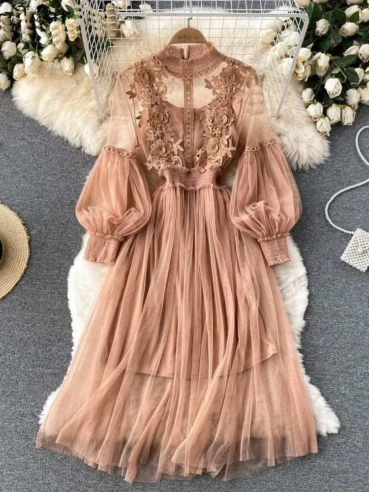 Ladies Dress Three-dimensional Flower Hook Mesh Temperament Stand Collar Lantern Sleeve High Waist Slim Female Dresses — image 1