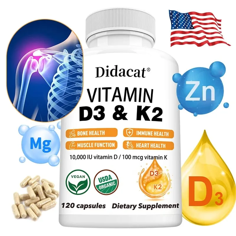 Vitamin D3+K2 Supplement 10000IU Vitamin D3 and K2 (MK-7) Capsules for Bone Heart Muscle Immune Support Non-GMO — image 1