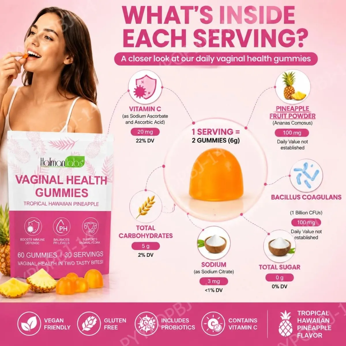 HolmanLabs Vaginal Health Gummies avec vitamine C et probiotiques soutiennent la flore vaginale aide à équilibrer les niveaux de pH 60 Gummies — image 4