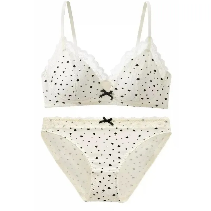 Set Bra Wanita Tanpa Berwayar Sokongan Lembut Tekan Ke Atas Untuk Payudara Kecil Mengelakkan Kendur & Tersebar Sisi Pakaian Dalam Gaya Girly Manis 32‑38