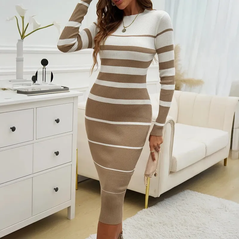 Office Ladies Knitted Dress Elegant Striped Print Slim Long-sleeved Dress 2025 Autumn Winter Fashion New — image 9