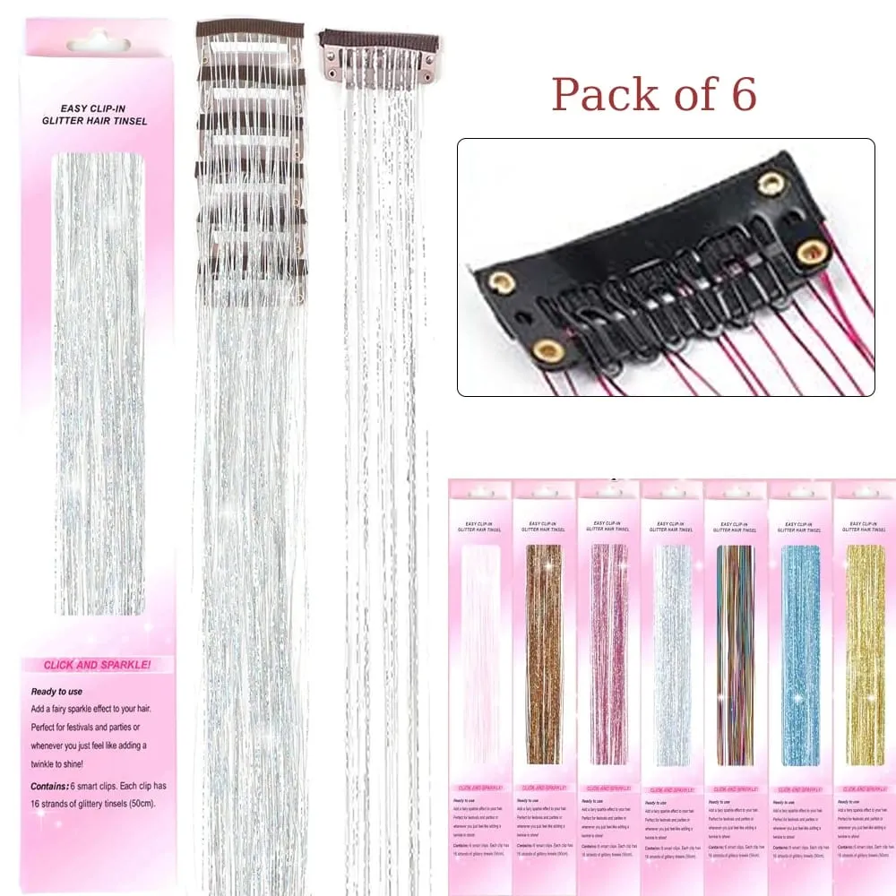 Balení 6ks Clip In Tinsel do vlasů 20palcový barevný třpytivý Tinsel Prodlužování vlasů Festivalový dárek Tinsel Fairy Hairpiece
