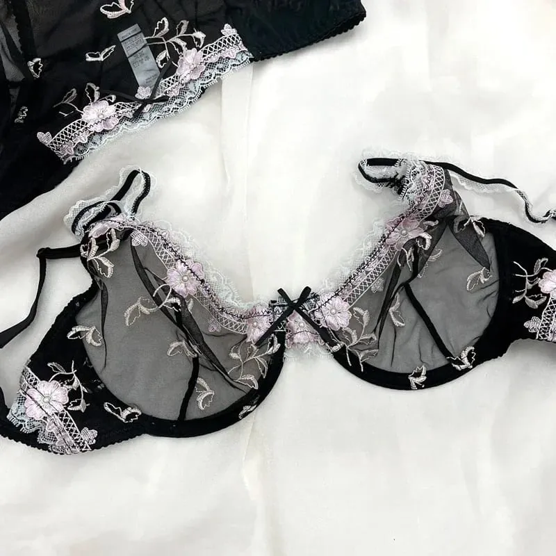Embroidery Lace Push-Up Bra Set Full Bust Petite Adjustable Lift Support Anti-Sagging Breathable Sexy Lingerie for Women