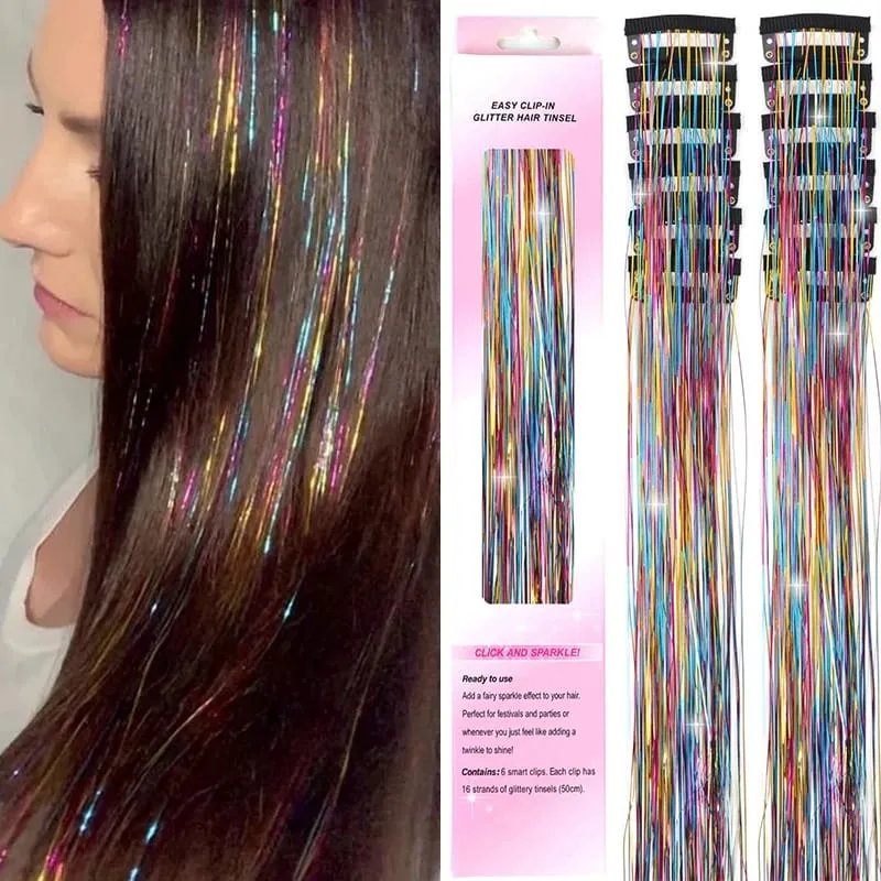 12Pcs Purple Clip in Tinsel Hair Extensions Hairpiece Colored Hair Tinsel Kit Party Highlights Hair Accessories for Women&Kids