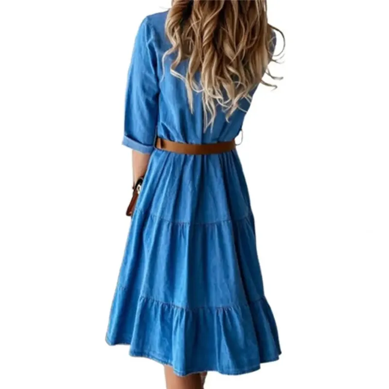 Denim Dress Three Quarter Sleeve with Belt Turn-down Collar Spring Autumn Buttons Ruffle Jeans Dresses for Women 2025 — image 4