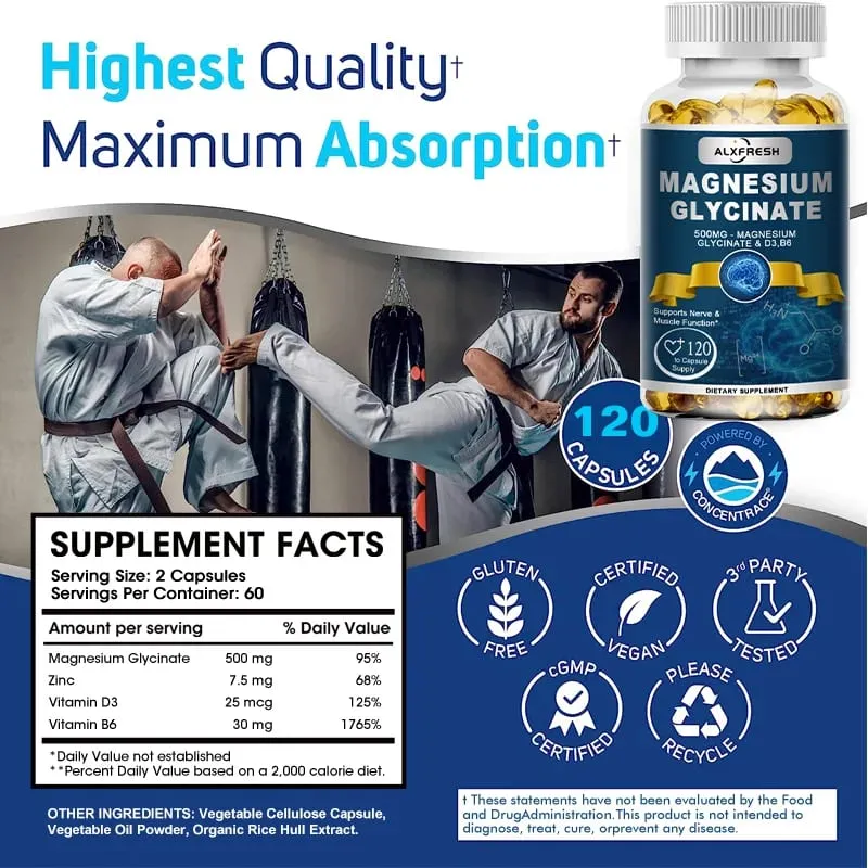 Alxfresh Magnesium Glycinate 500mg Capsule Zinc Vitamin D3 B6 for Muscle Joint Nerve Sleep Quality Anxiety Stress Mood Health