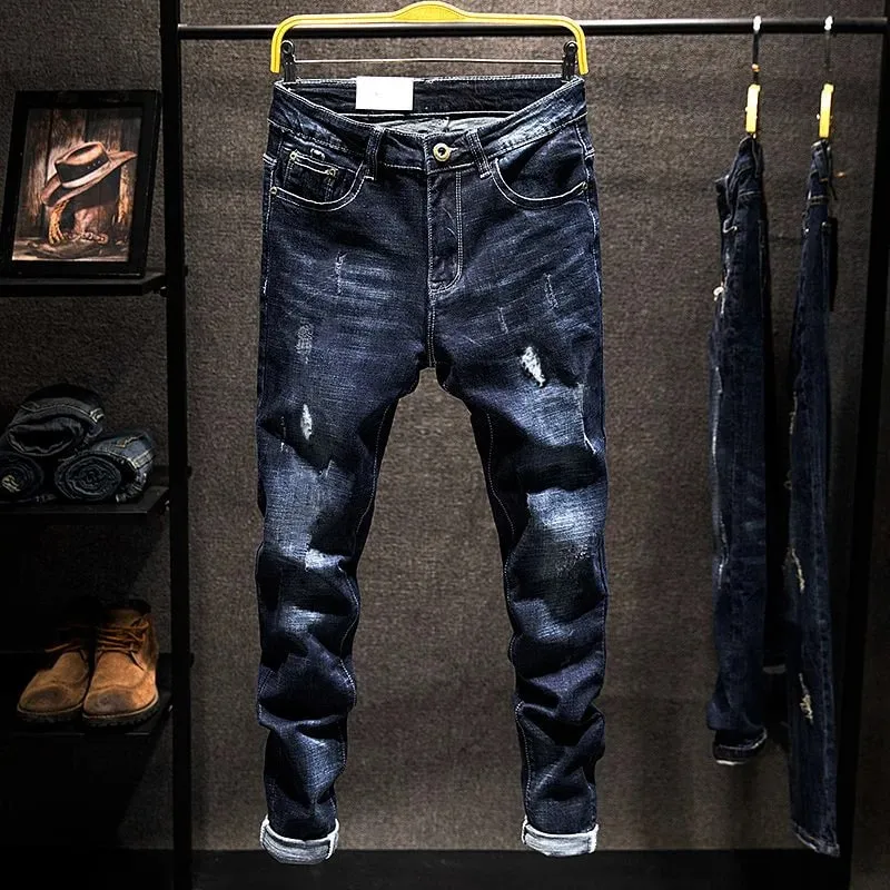 American Elastic Straight Jeans Men Ripped Worn-out Slim-fit Cotton Denim Pants Korean Style Fashion Blue Black Men's Clothing — image 1