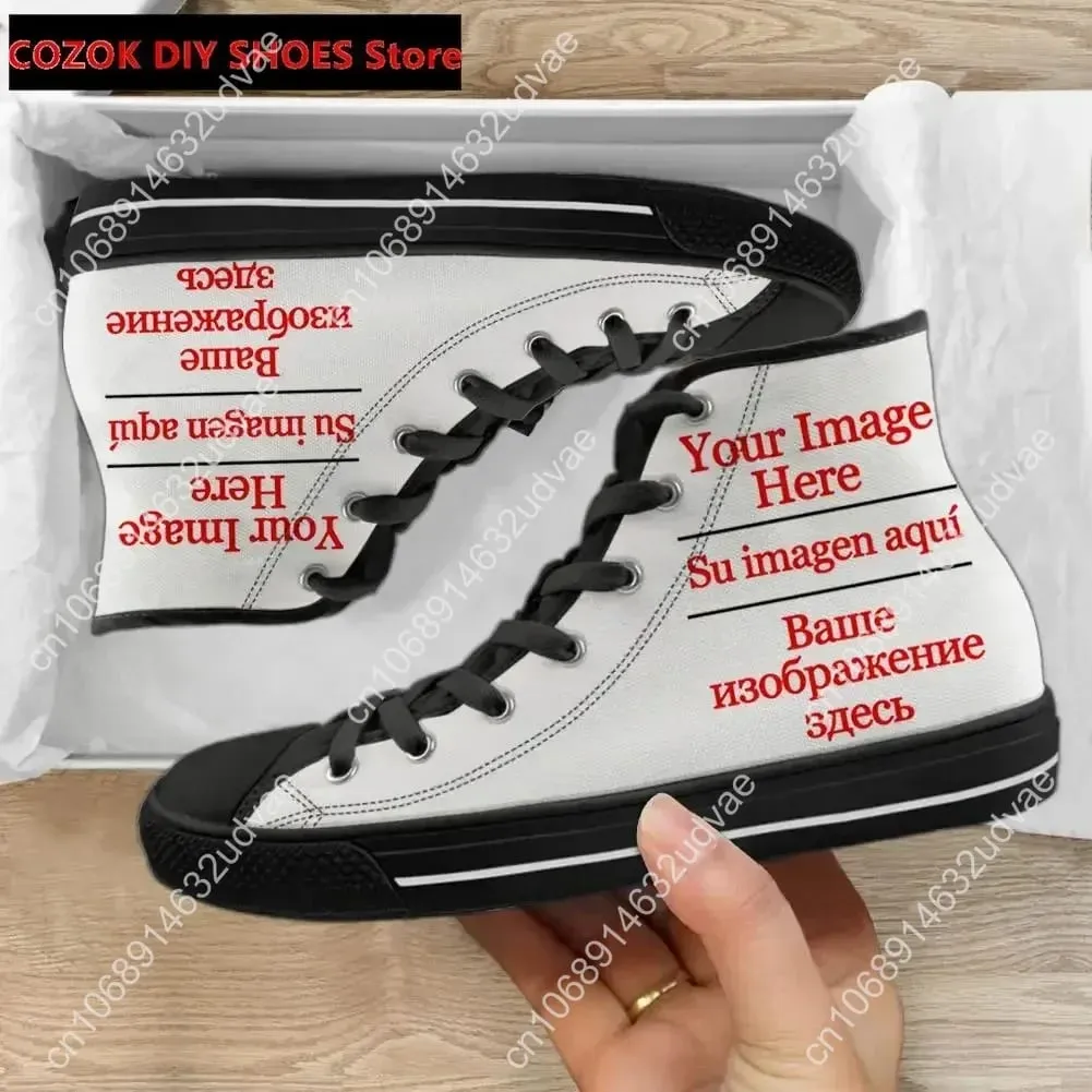 Men Vulcanized Sneakers High Top Canvas Shoes Custom Image Name Design Mens Flat Shoes Lace Up Footwear Dropshipping