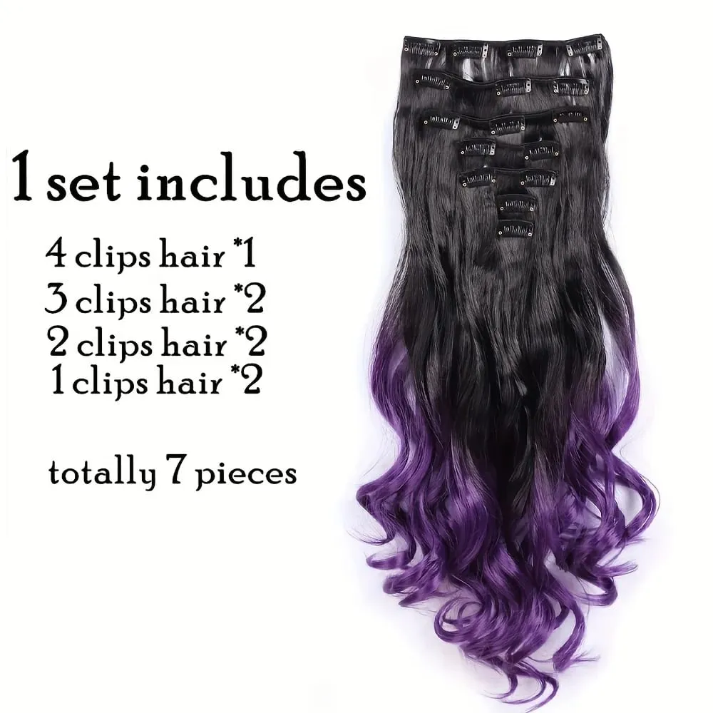 Clip in Hair Extensions Ombre Color Synthetic 7pcs Set Wavy Curly Hairpieces Black to Purple For Women Girls — image 2