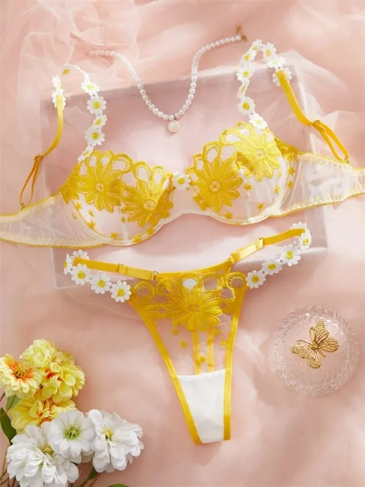 Vílí sexy sada spodního prádla Sladké krajkové spodní prádlo Luxusní intimní erotické prádlo Krásné květinové vyšívané sady podprsenky a kalhotek — image 2