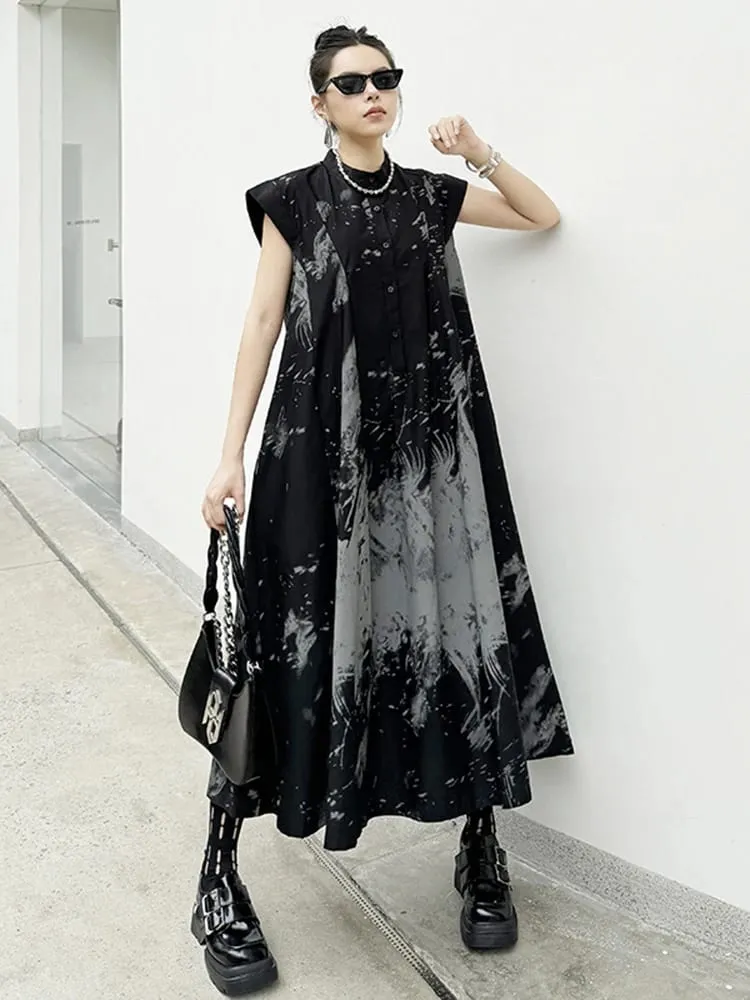 EAM Women Black Pattern Printed Big Size Midi Shirt Dress New Stand Collar Sleeveless Fashion Tide Autumn 2026 1DH5837 — image 3