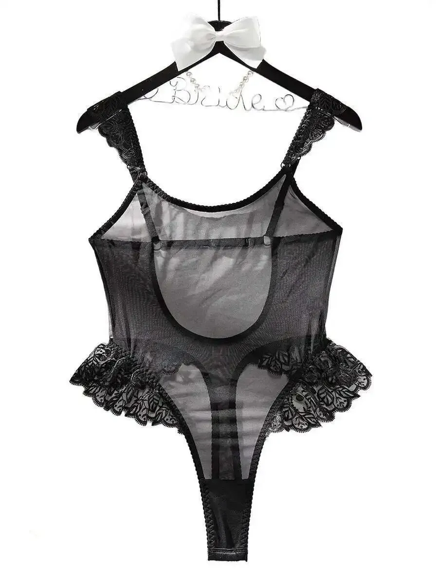 New Sexy Bodysuits Ruffled Edges Patchwork Mesh Sexy Perspective Backless Deep V Suspenders Sleeveless Bodysuits Charming 5ZAL — image 6