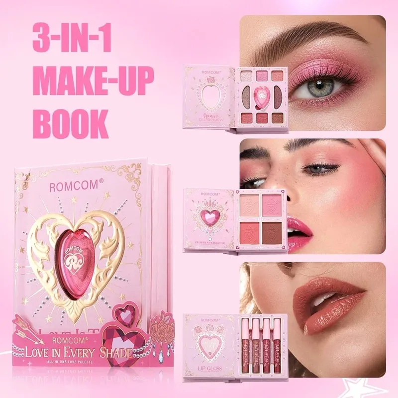 Pink Heart Decor Full Face Makeup Combo 9 Neutral Eye Shades 4 Cheek Tints 4 Nude Matte Lip Gloss Portable Design — image 5