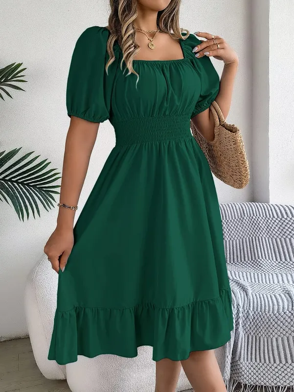 Spring Summer Elegant High Waisted Dress Square Neck Short Sleeved Ruffled Edge Long Dresses 2026 Valentine's Day Woman Clothing — image 9