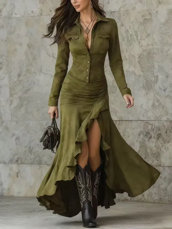 Abito elegante retrò in tinta unita per donna Primavera Autunno Moda Nuovo abito lungo con bottoni a bavero manica lunga asimmetrica con orlo grande