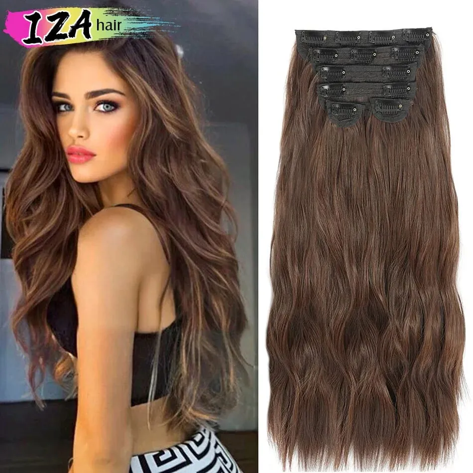 Synthetic Long Wavy Clip In Hair Extensions 20" Thick Hairpiece 6pcs/set For Women Brown Blonde Black Natural Fake Fiber Hair — image 16