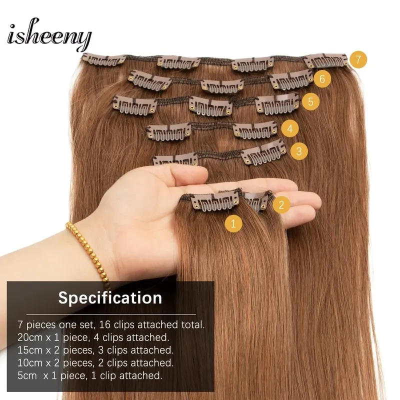 Isheeny 14"-22" Clip In Human Hair Extensions Brazilian Remy Natural Clip Human Hair Extension Real Natural Clip On 50-65G