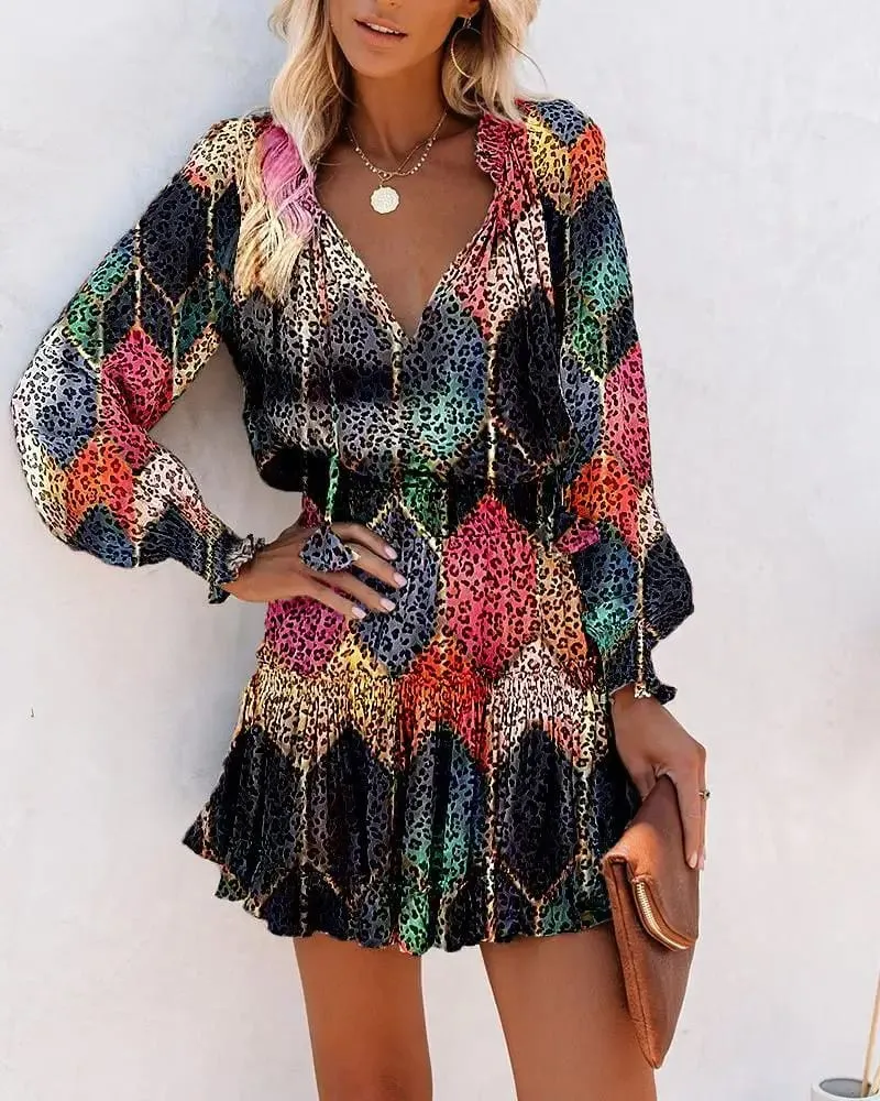 Color Printed Mini Dresses Women Spring Summer Long Sleeve V-neck Elastic Waist Ruffles Dress Fashion Trendy Ladies Vestidos — image 3