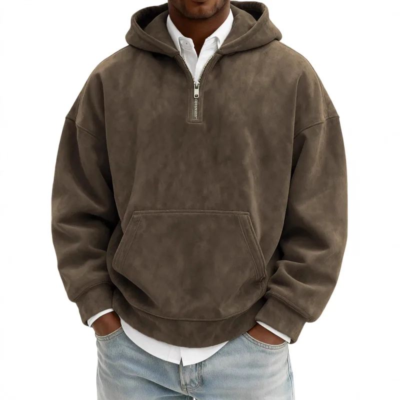 Amerika Fashion Baru Pria Warna Solid Setengah Ritsleting Lengan Panjang Kasual Trendi Harian Berkerudung Kaus Pria Hoodies Pakaian Atasan — image 4
