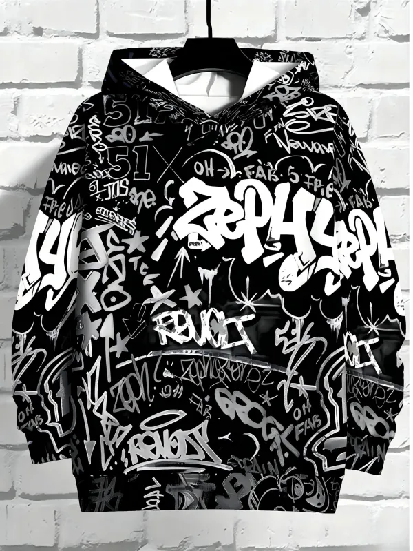Europäische und amerikanische Herren Herbst Gothic Letter Graffiti Print Weiches und bequemes Kapuzenpullover Outdoor Street Top — image 1