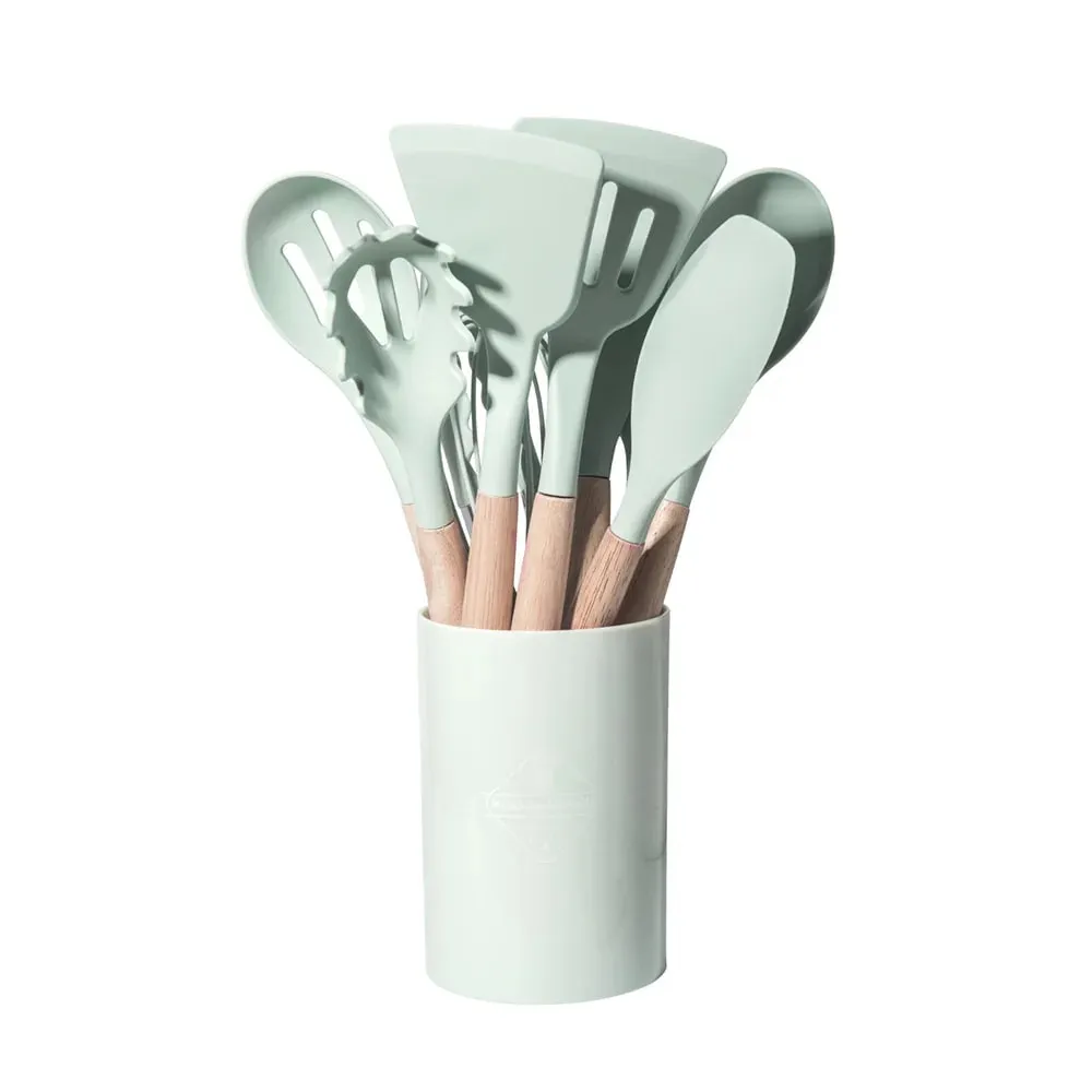 12pcs Set of Multi-color Silicone Wooden Handle Kitchenware Set Non Stick Pot Spatula and Spoon Cooking Utensils Heat-resistant — image 13