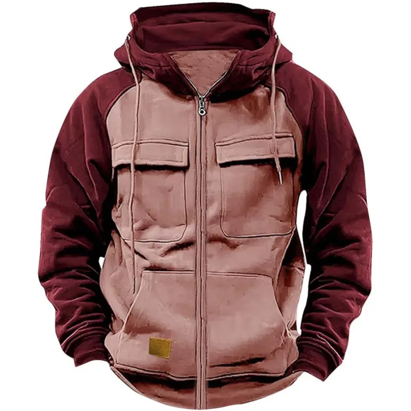 Men's Hooded Sweatshirt Zipper Patchwork Fleece Jacket Warm Sporty Autumn Winter with Multiple Pockets Fashionable Hood — image 6