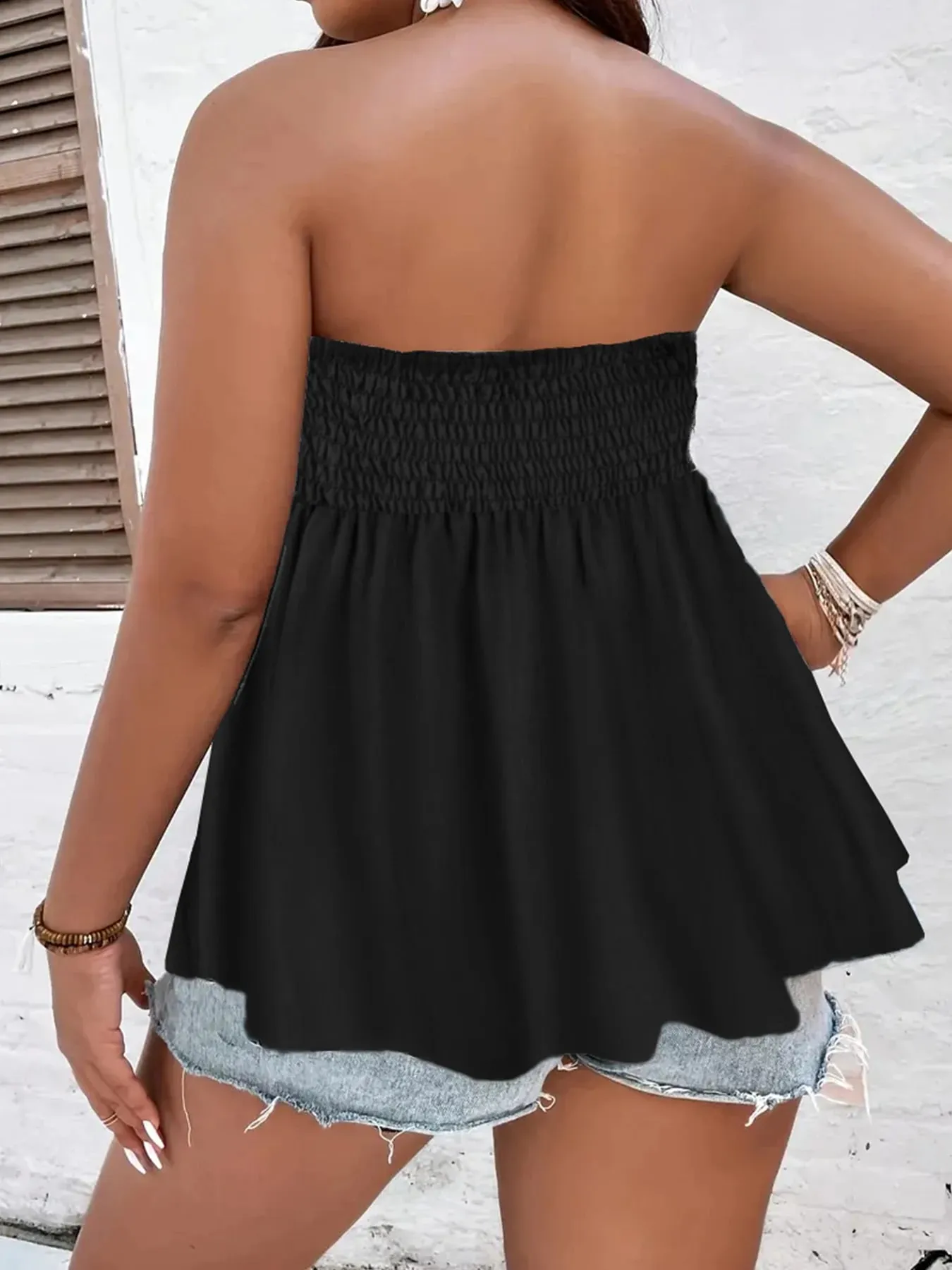 Top de tubo plisado de cintura alta para mujer, ropa informal de verano de Color sólido, talla grande — image 3