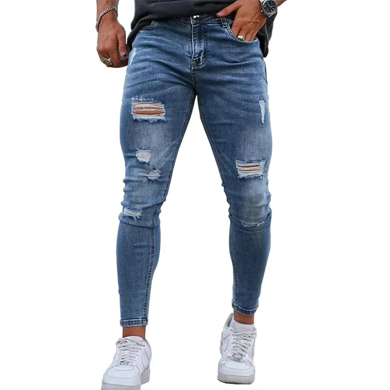 Men's Dropship Custom Label Logo High Quality Y2K Zipper Ripped Skinny Denim Jeans Pants for Men Streetwear Clothing